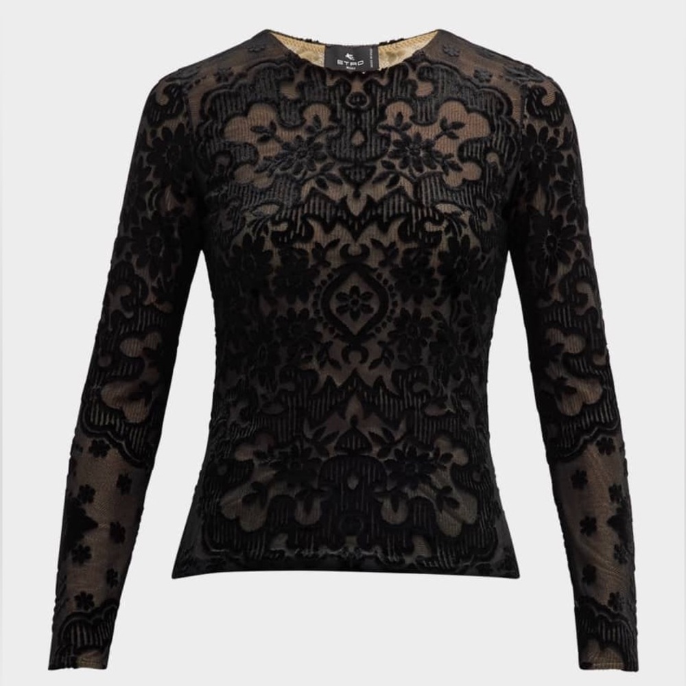 Etro velvet printed lace top black baroque pattern